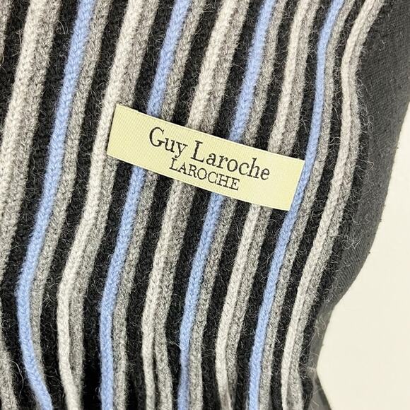 GUY LAROCHE Wool Scarf Winter Vertical Stripes Neutral Blue Gray Black - Picture 6 of 7